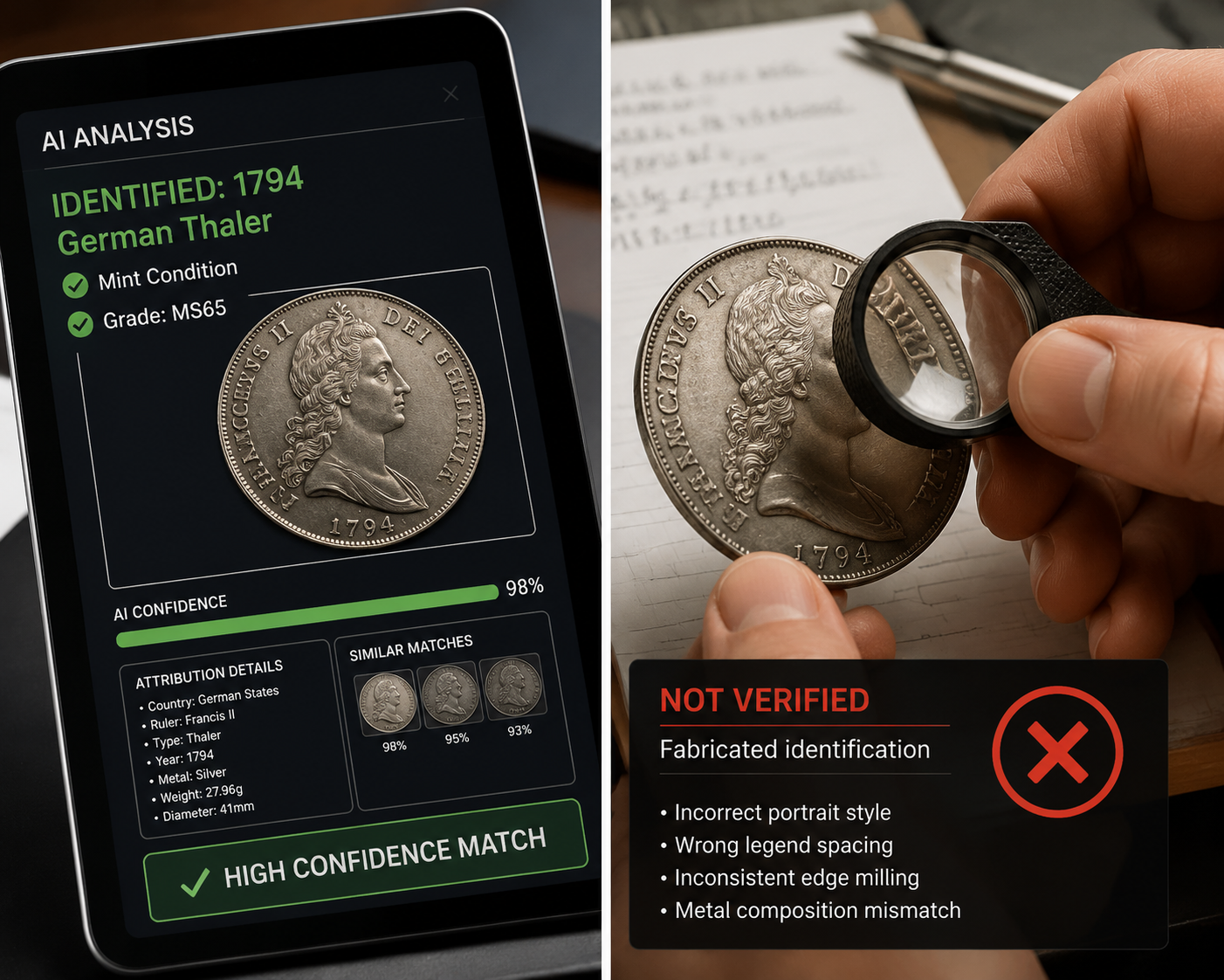 AI coin identification interface contrasted with human expert verification identifying a fabricated coin result