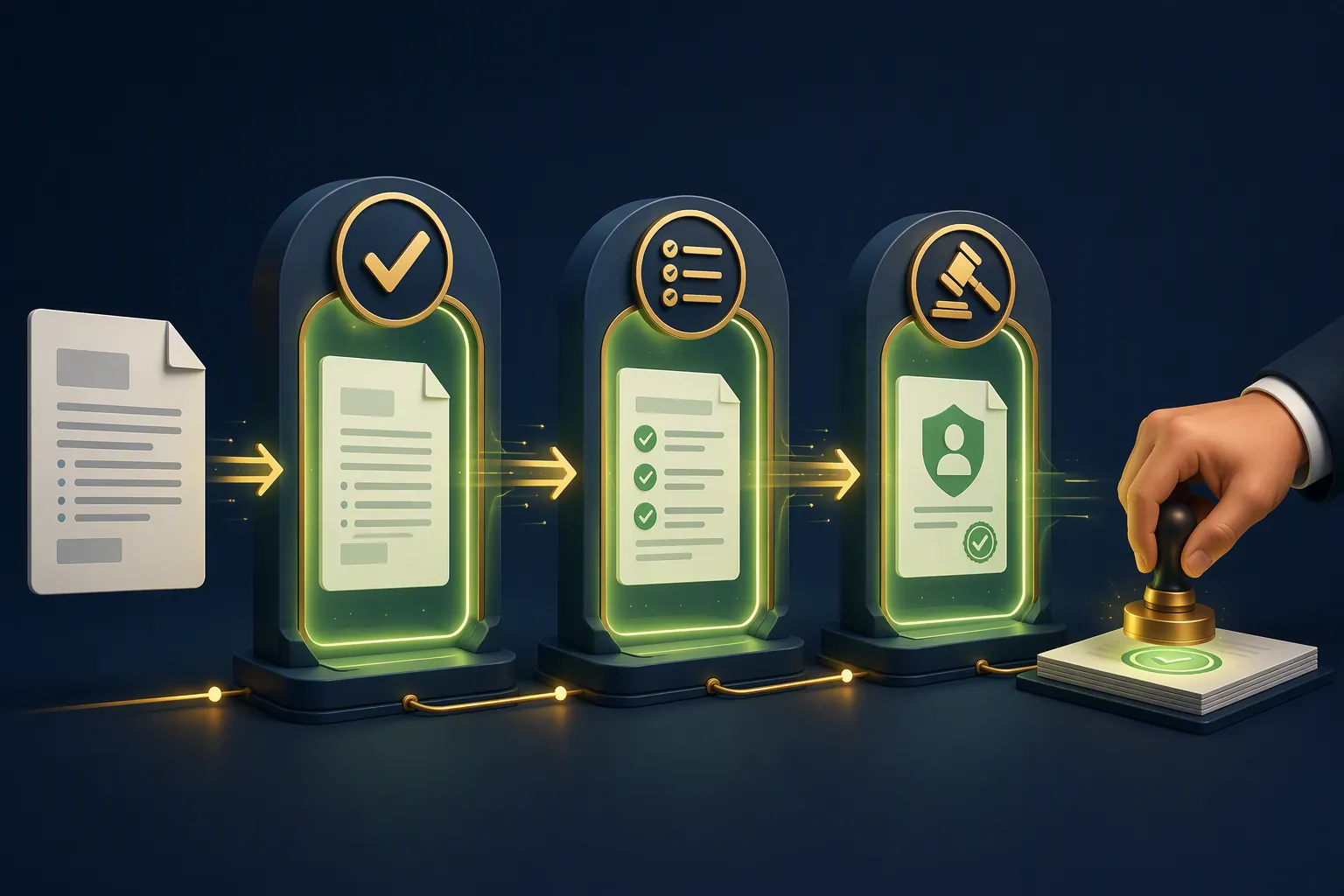 A document passing through citation verification, instruction review, and final legal sign-off checkpoints before a human hand stamps it