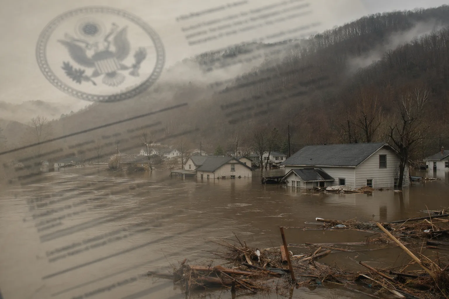 Flooded Appalachian homes and debris with a government document overlay