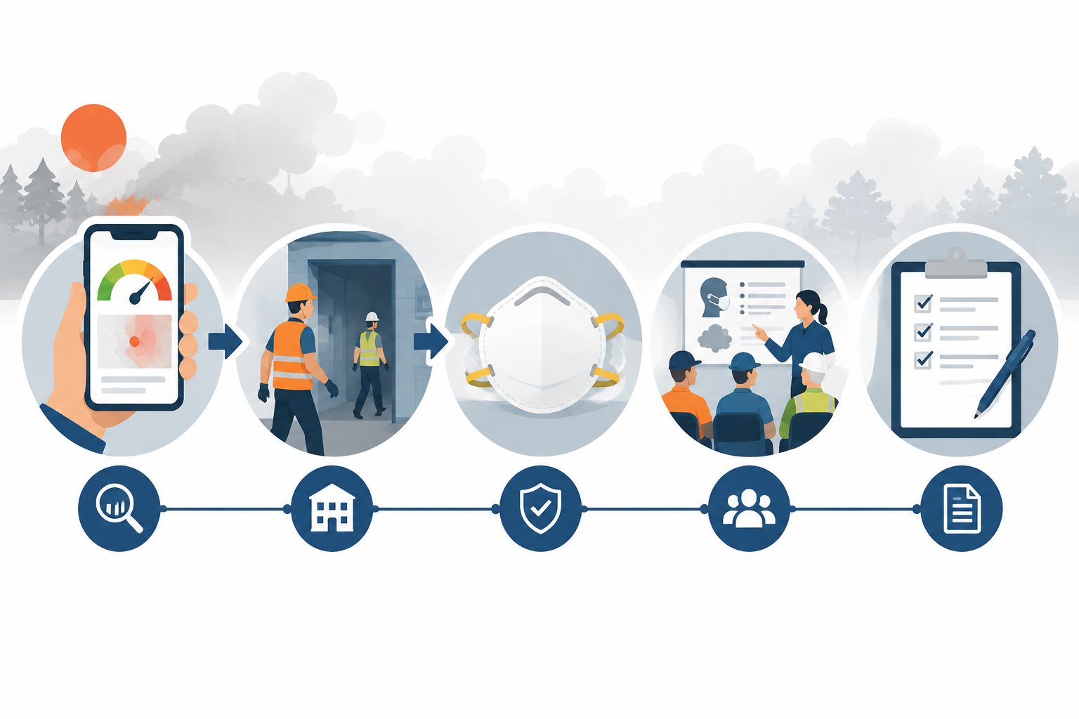 Illustration of an employer wildfire smoke compliance flow from AQI monitoring to documentation