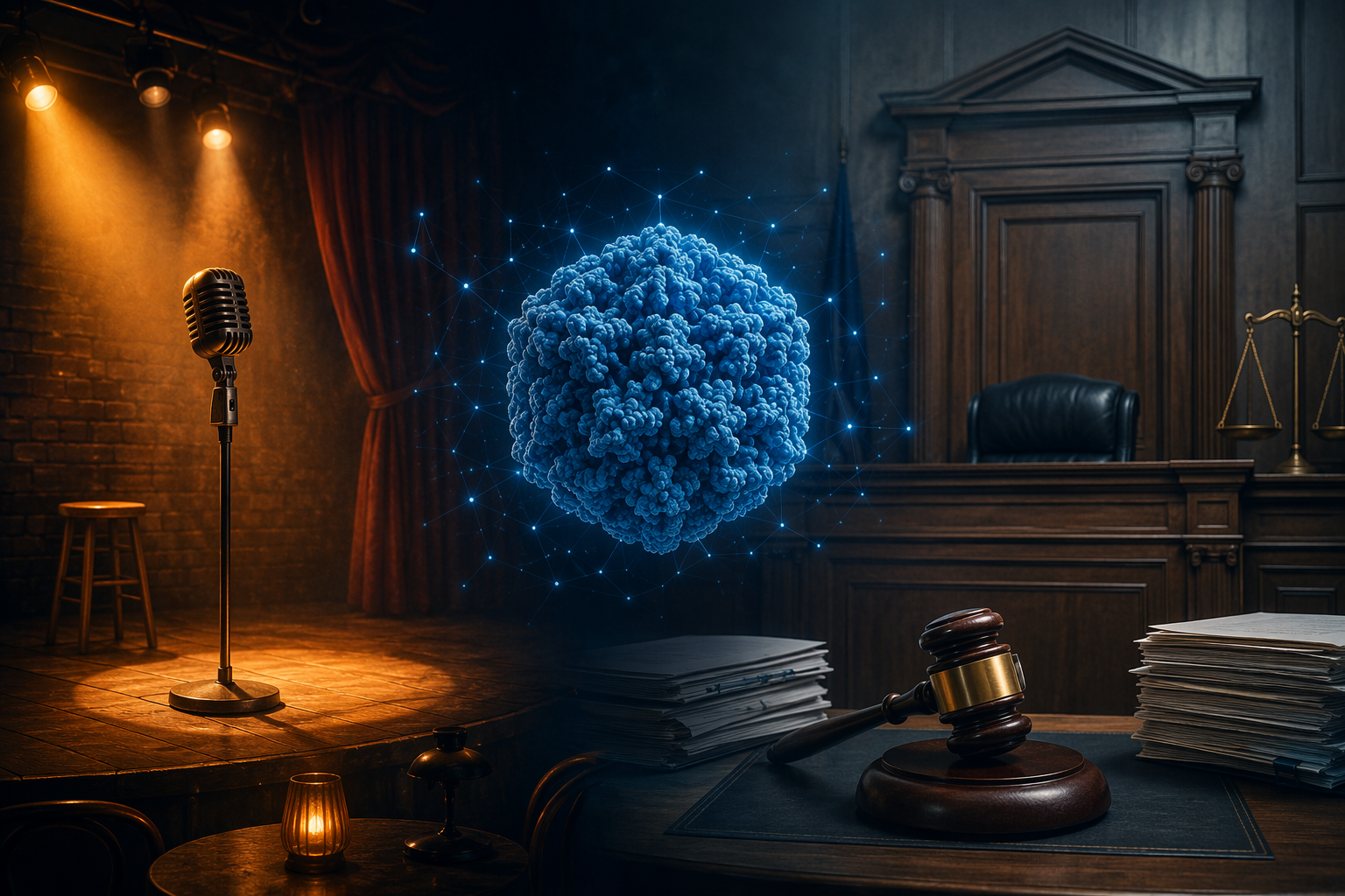 Editorial illustration connecting a comedy stage, courtroom, and poliovirus model