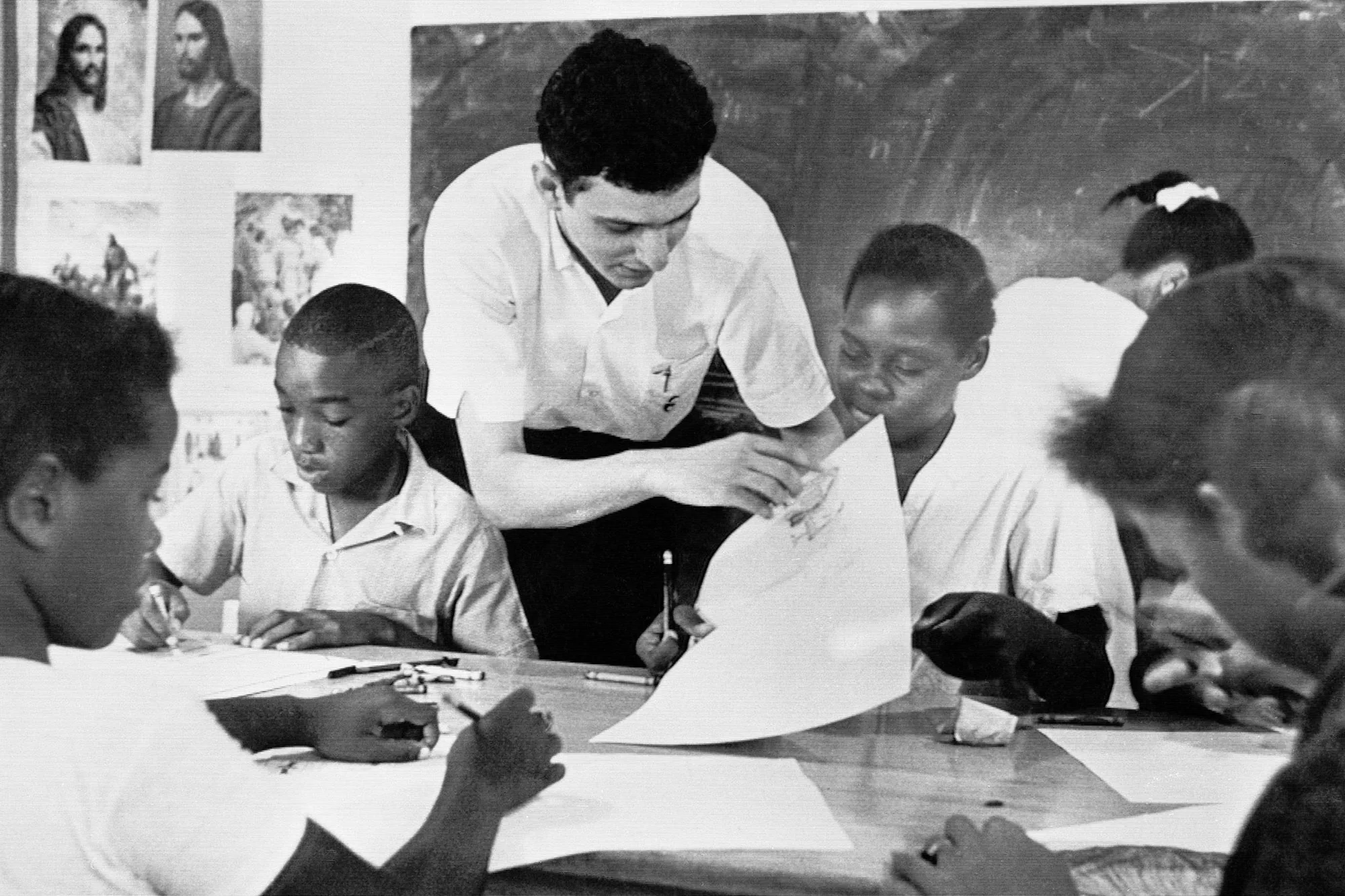 Black-and-white historical photograph of a Mississippi Freedom School classroom during the summer of 1964