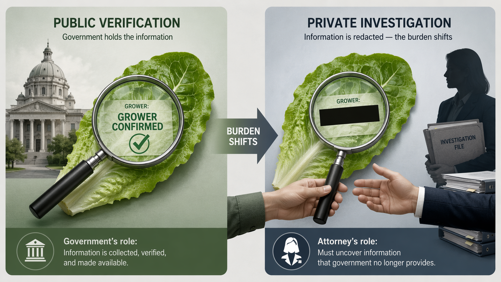 A side-by-side image showing a grower name confirmed on one side and redacted on the other as the burden shifts to a private attorney