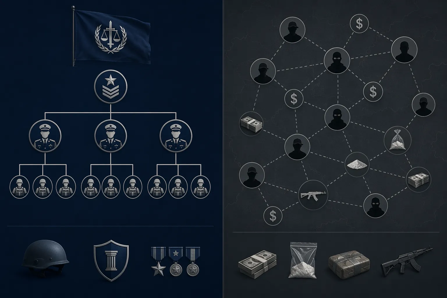 Comparison of hierarchical armed group structure and decentralized profit-seeking criminal network