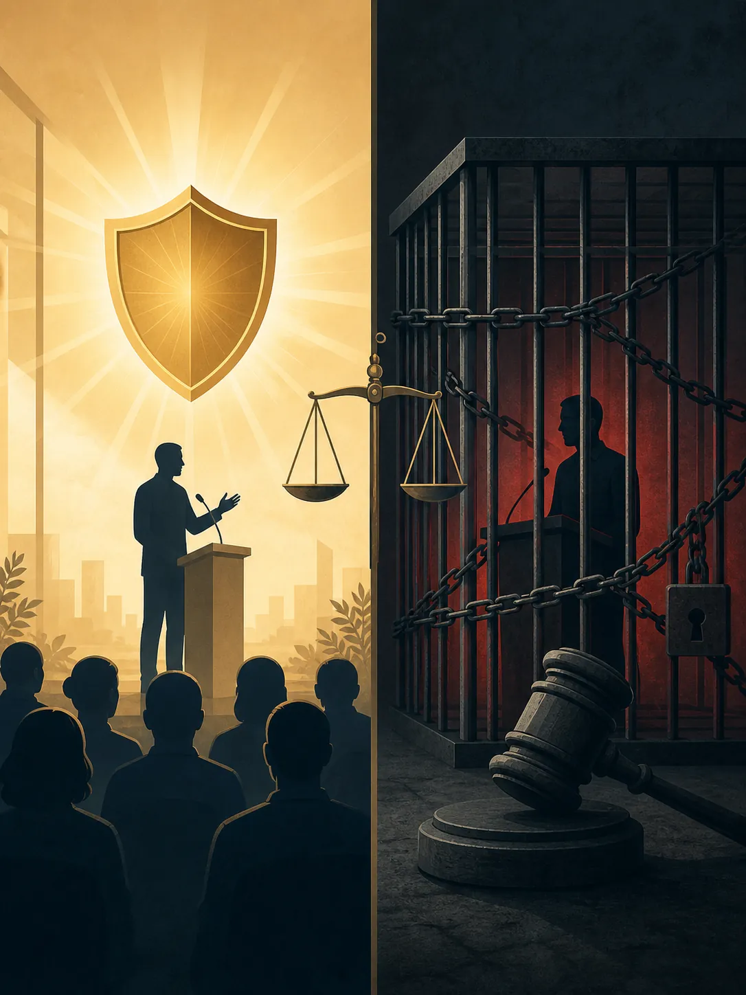 Split illustration contrasting protected speech with criminalization of the same speaker figure