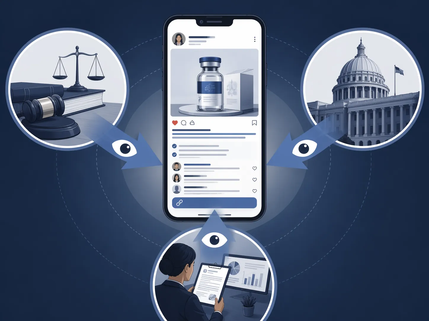 A wellness influencer peptide post with a small disclaimer, health benefit claims, testimonials, and an affiliate link being assessed from multiple regulatory viewpoints