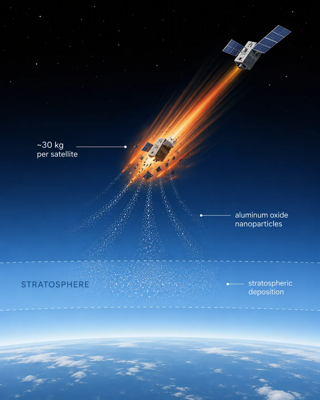 Diagram of a satellite breaking apart during reentry and releasing aluminum oxide particles into the stratosphere