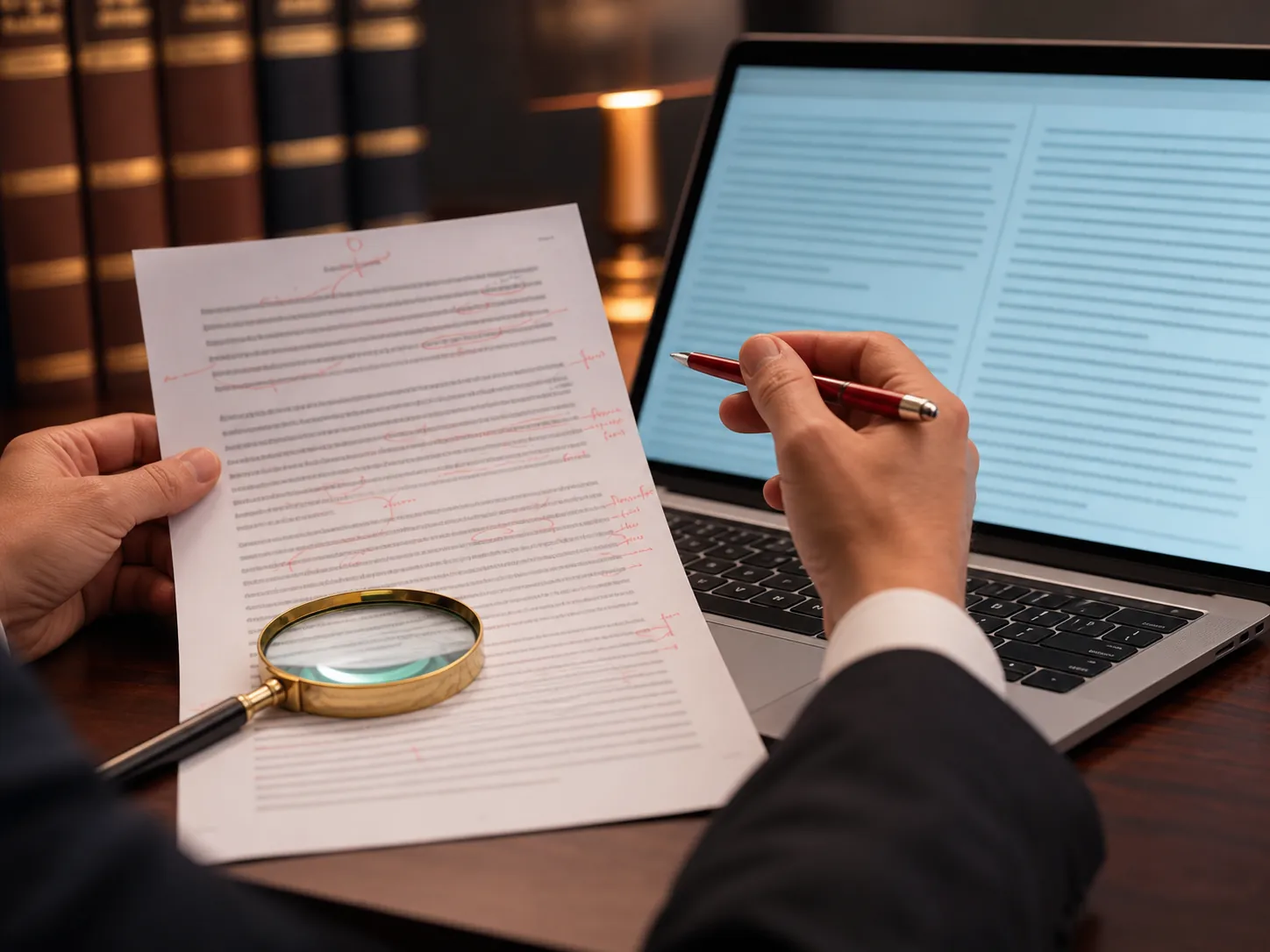 Lawyer comparing a marked contract page against AI-generated text on a laptop