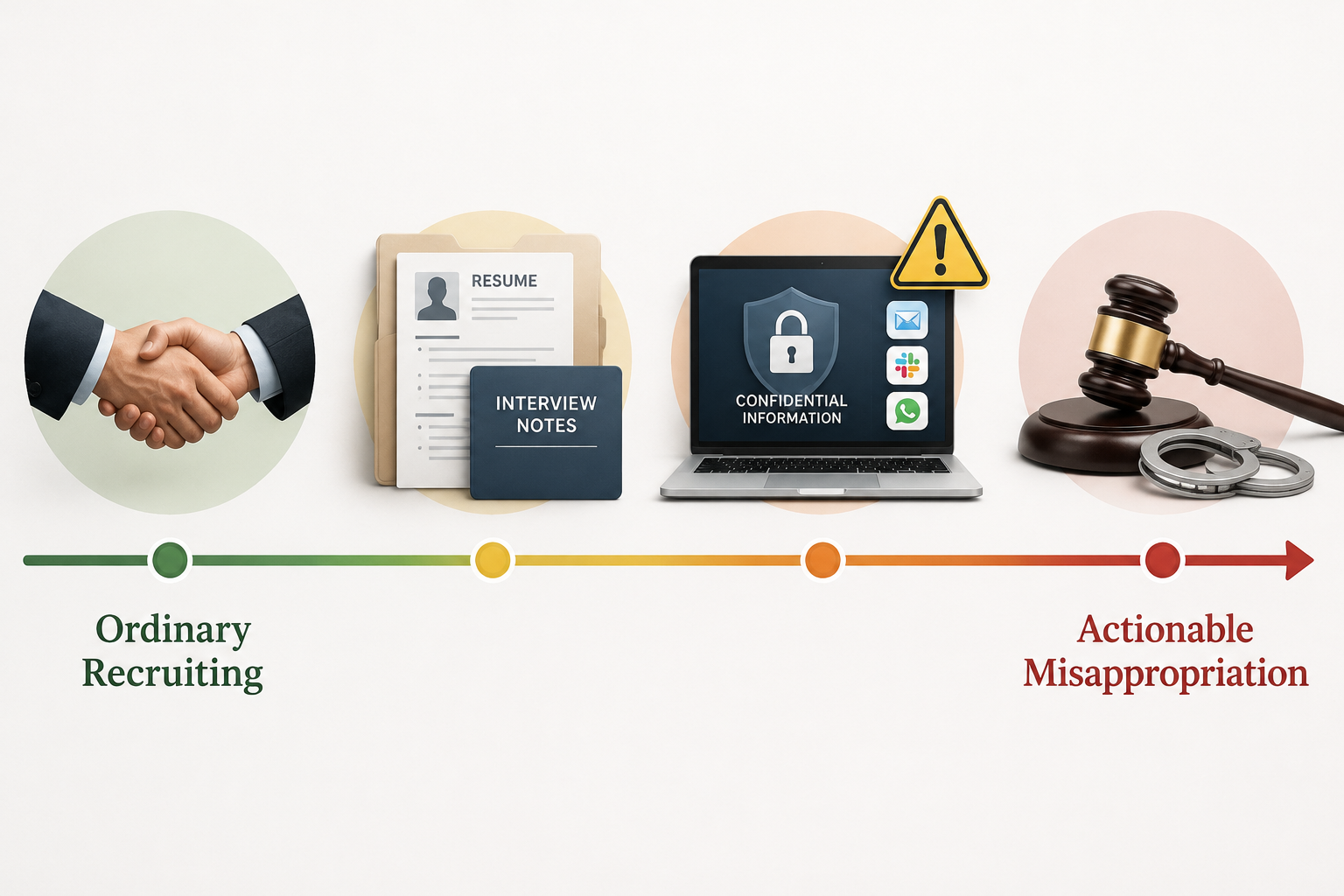 Spectrum from ordinary recruiting to actionable misappropriation with markers for interviews, devices, credentials, messages, and enforcement