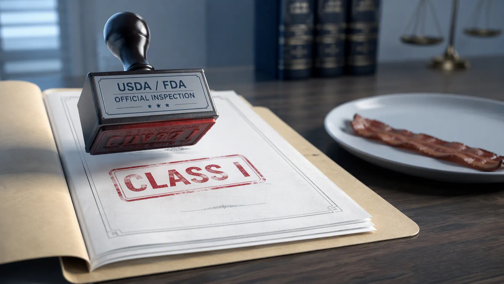 Legal document folder beside a plate of bacon with a red Class I inspection stamp