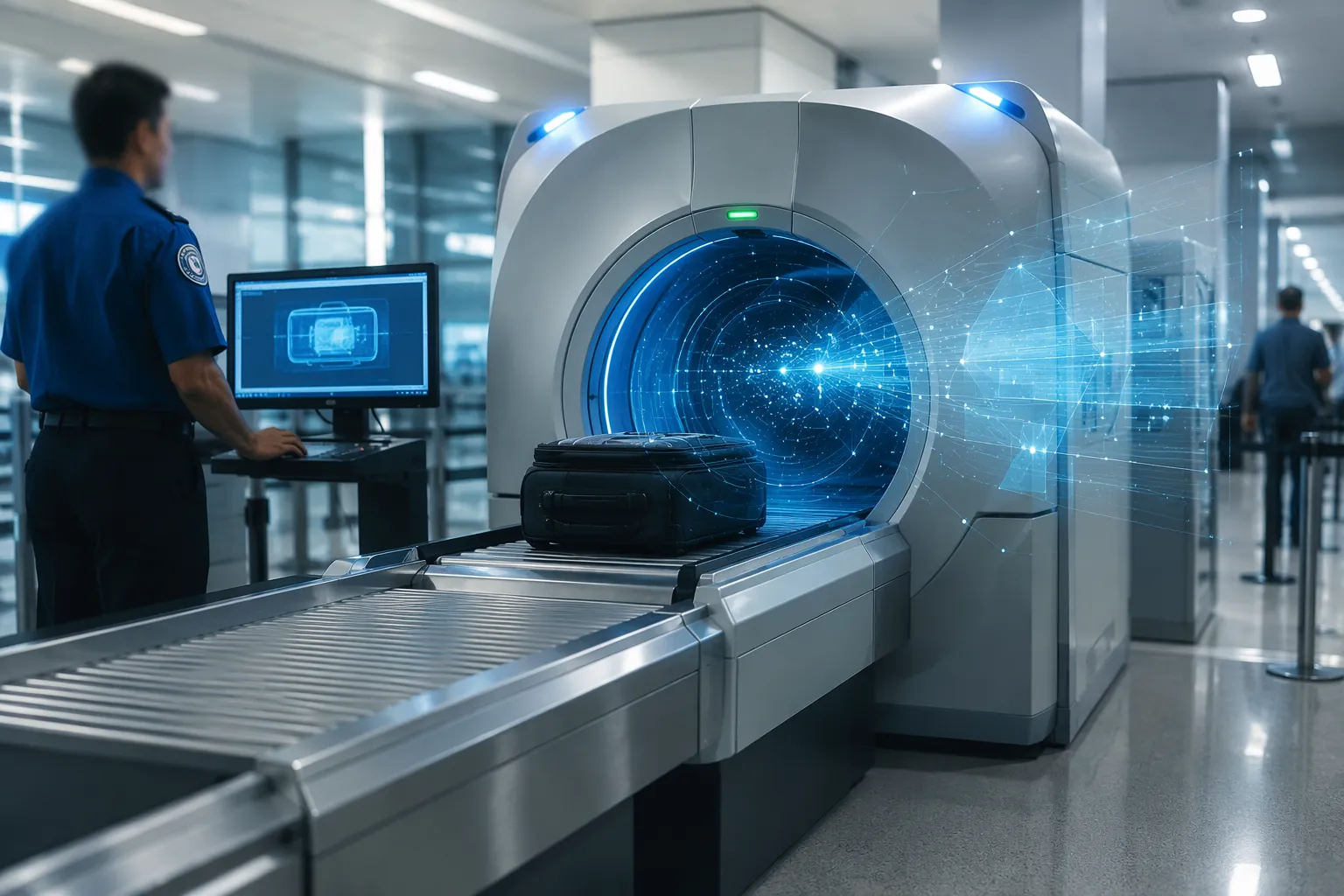 Airport CT scanner with algorithmic data lines and a TSA officer nearby reviewing a monitor