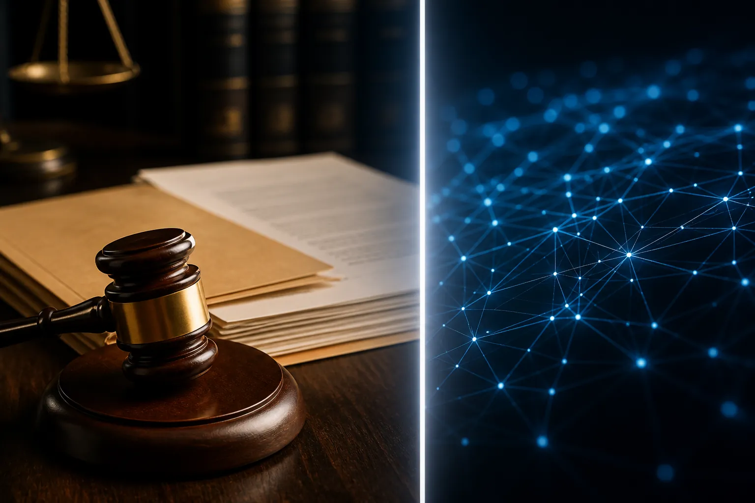 Gavel, legal docket folder, court papers, and a faint AI-network grid separated by a vertical light line