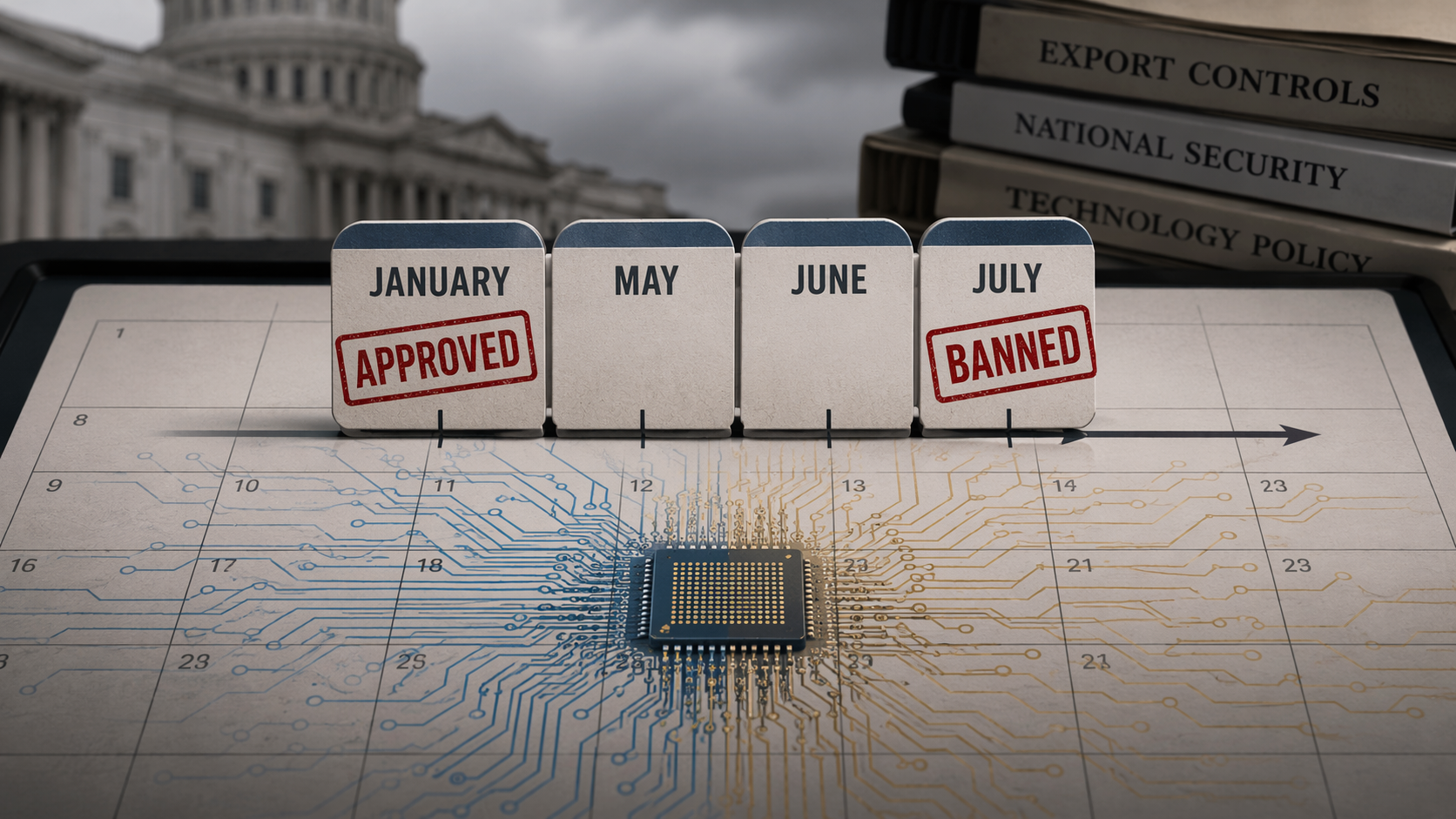 Calendar with January approval and July ban markers over circuit-board patterns