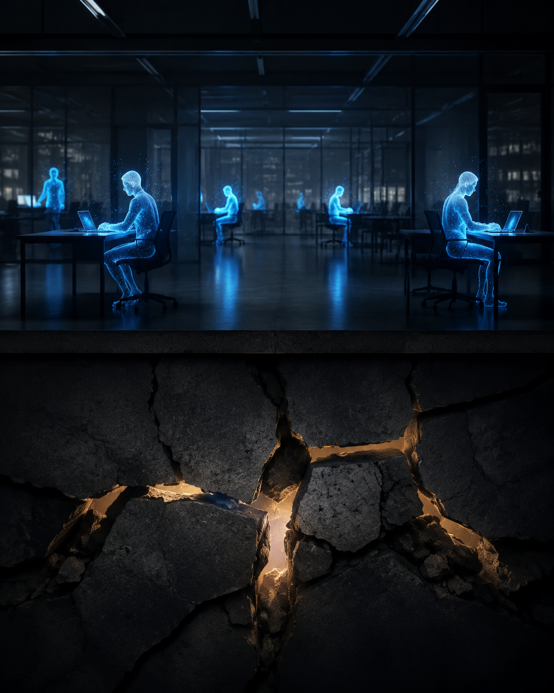 Split conceptual image showing individual AI use above cracked organizational foundations