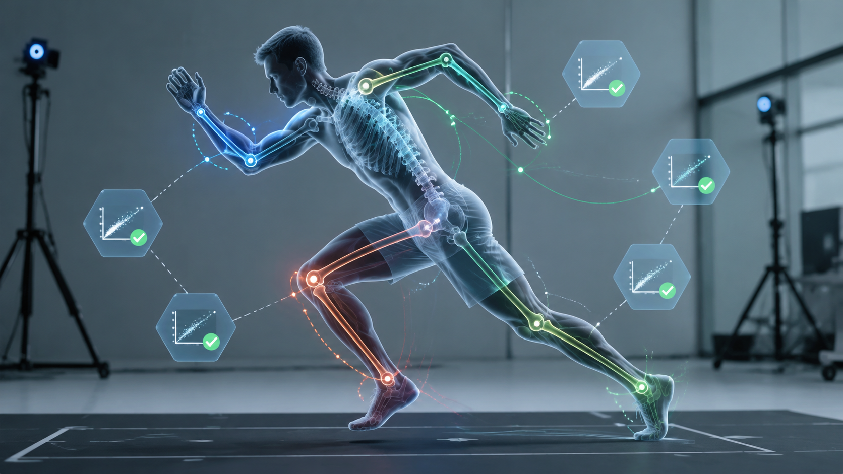 Athlete with digital skeletal overlay, joint-angle graphics, and validation checkmarks in a biomechanics lab