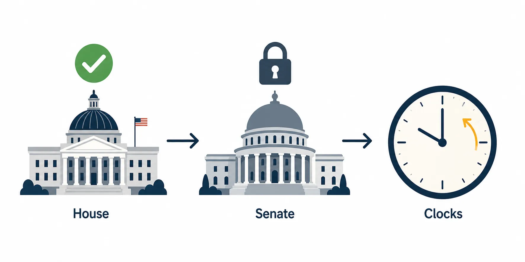 Illustration showing a bill path from House passed to Senate stalled to clocks falling back