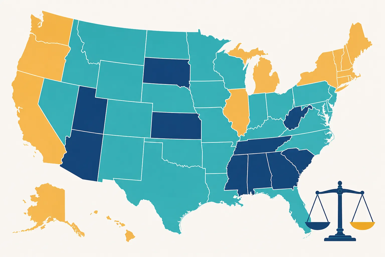 US map divided into contributory negligence, modified comparative negligence, and pure comparative negligence zones
