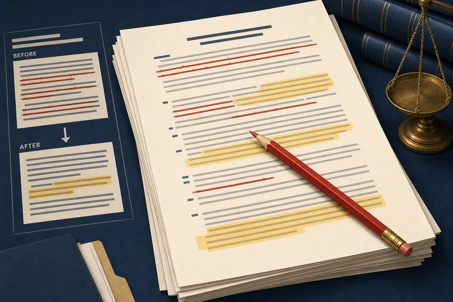 Legal pages with red strike-throughs and yellow highlights showing a regulation rewrite