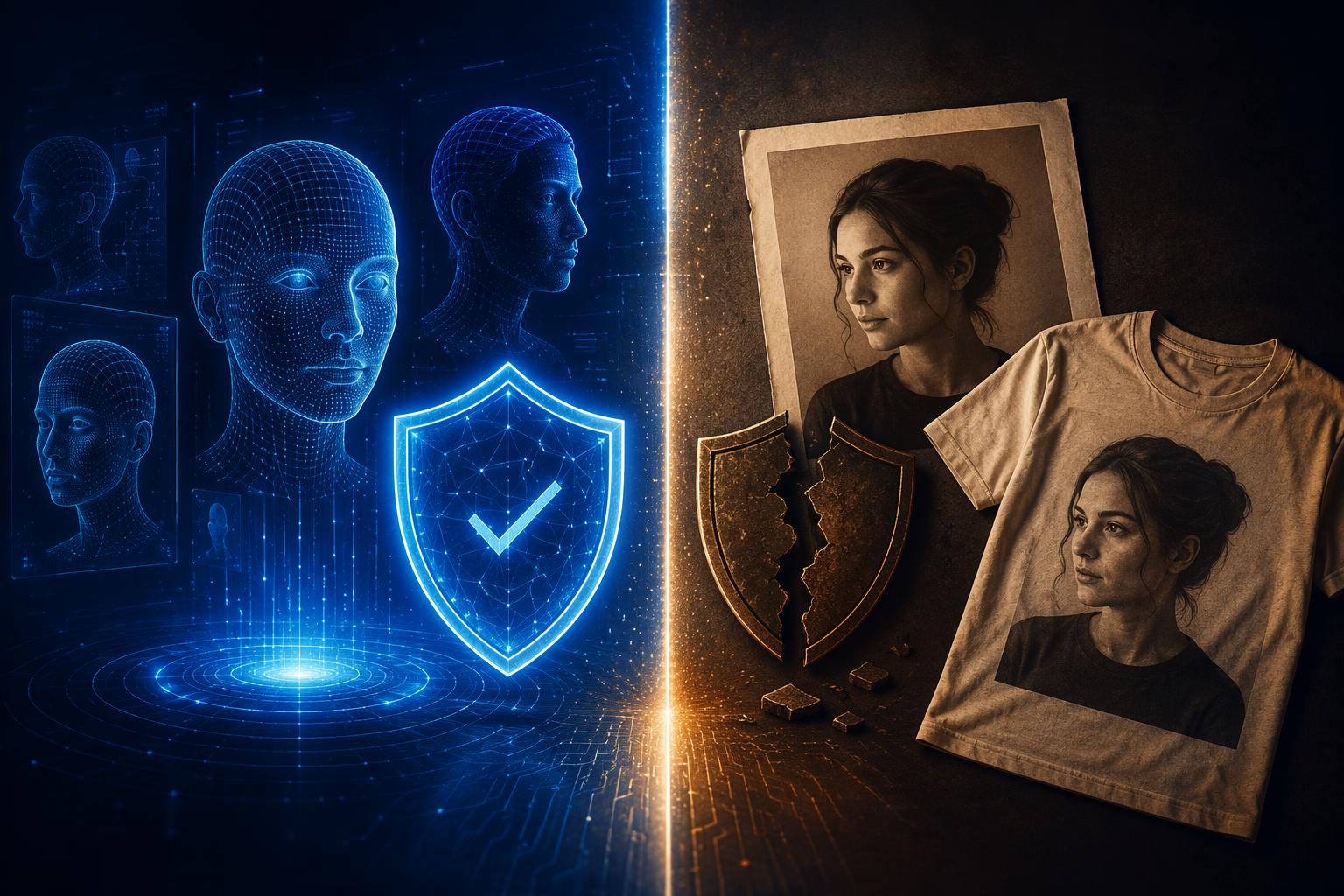 Split image comparing protected digital face outlines with traditional photograph merchandise not covered by the same shield