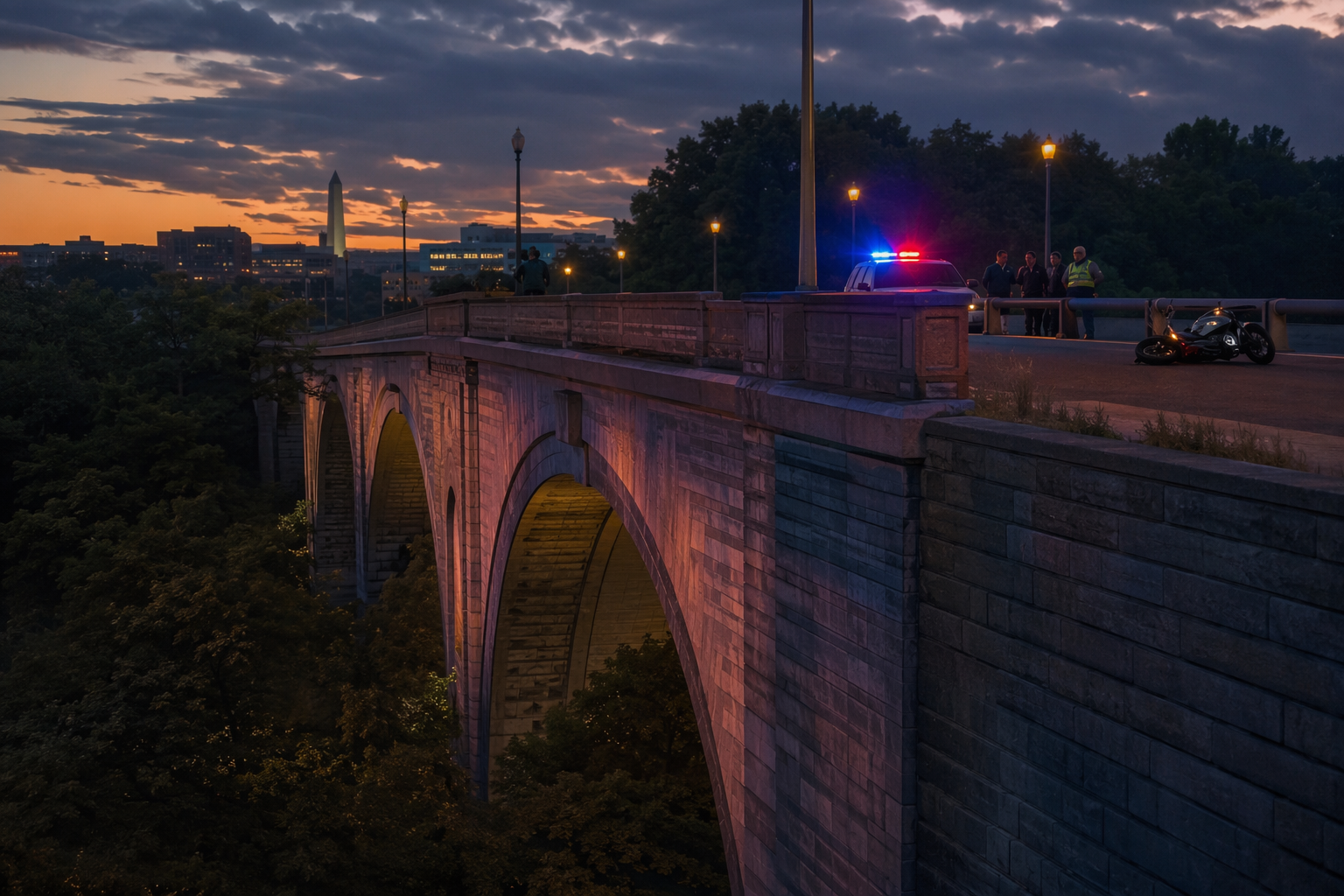 William Howard Taft Bridge at dusk with emergency light reflections and a moped-style scooter near the guardrail