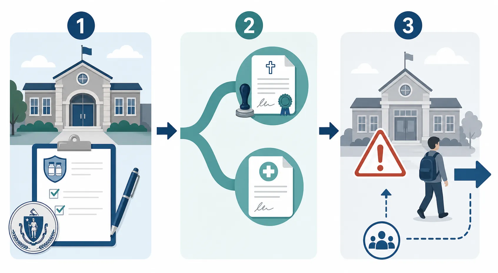 School vaccine documents, religious and medical exemption pathways, and outbreak exclusion process