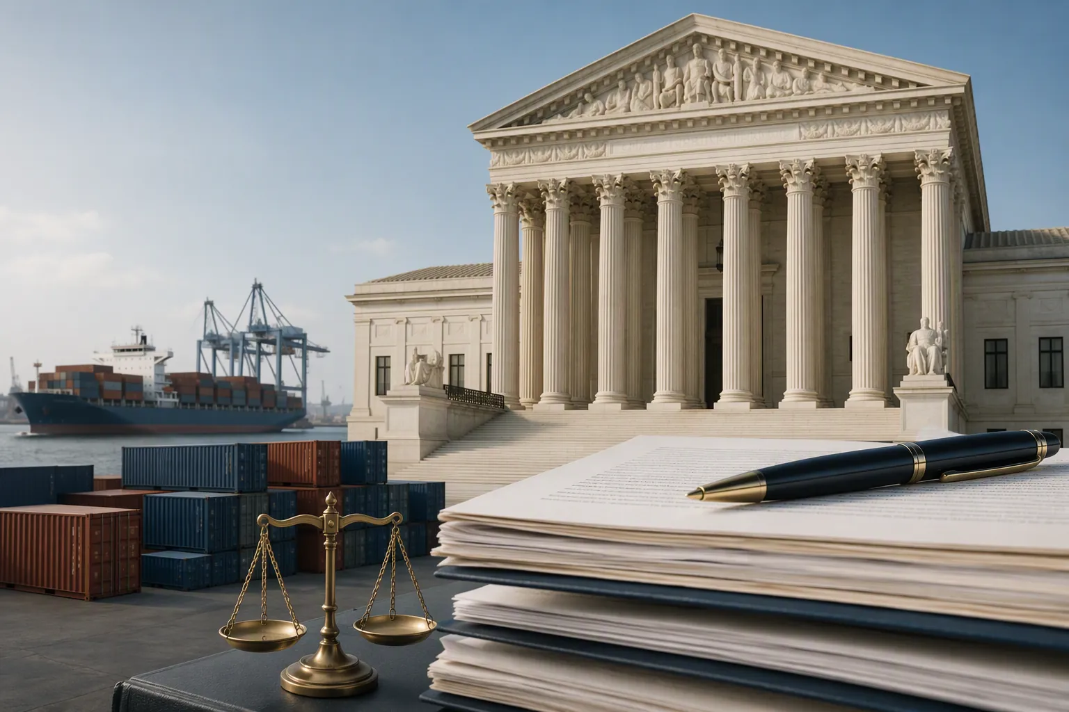Federal courthouse with trade and legal-document elements suggesting tariff litigation