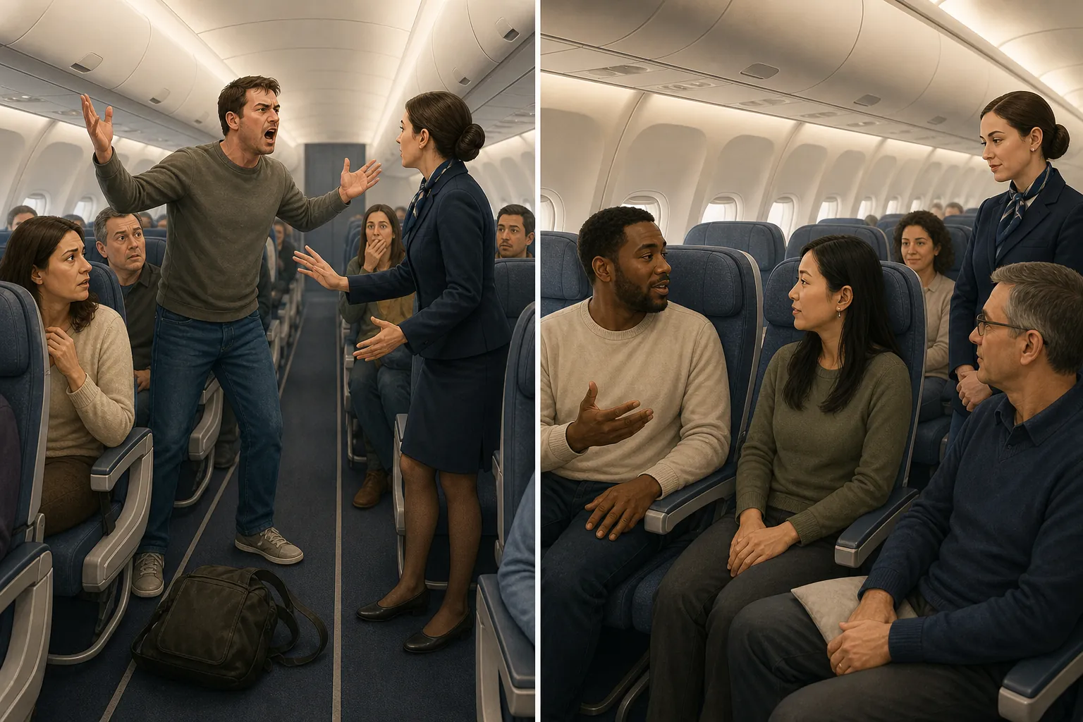 Split airplane cabin scene contrasting disruptive aisle conduct with calm seated speech