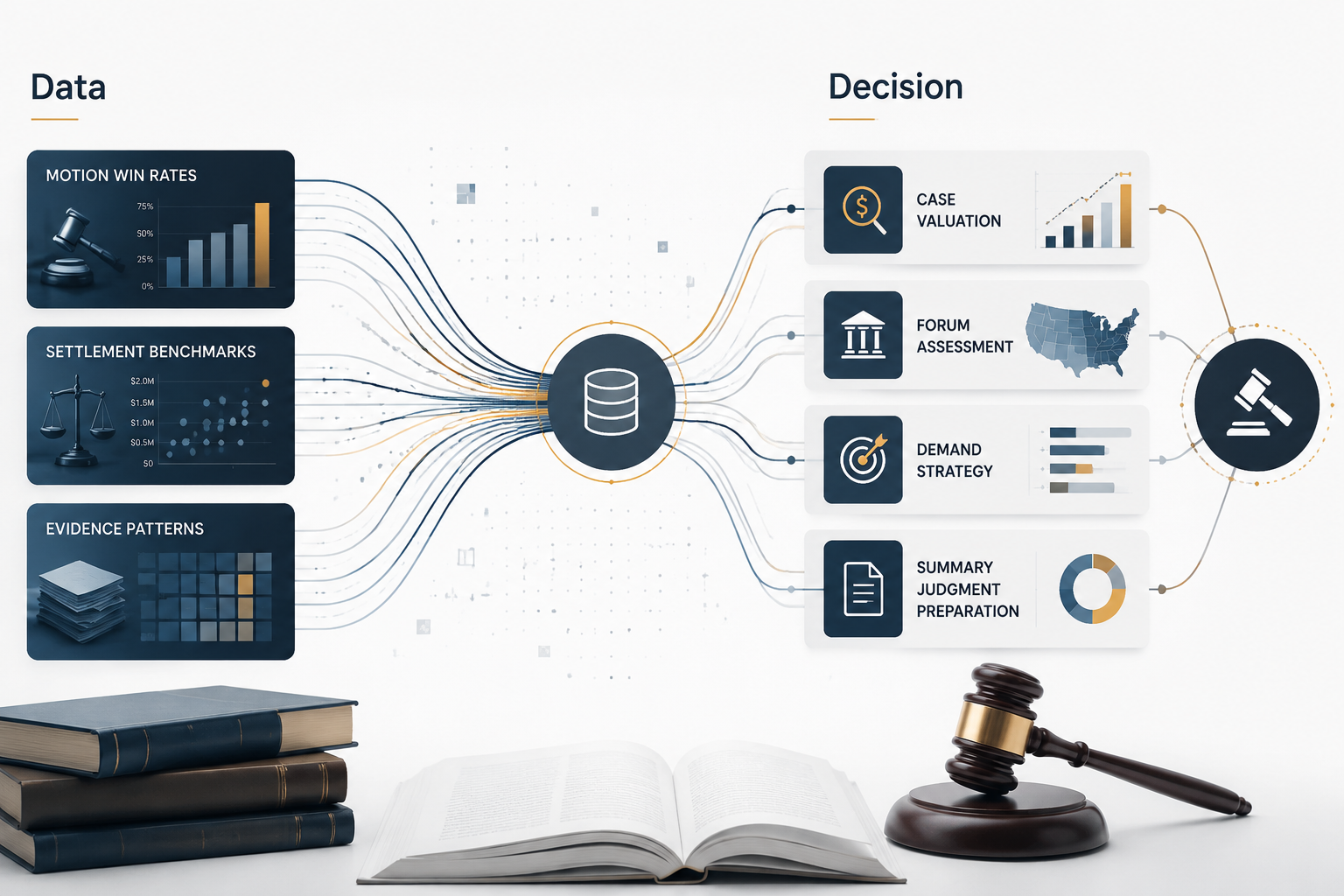 Flow visualization of litigation data inputs converging into case decision points
