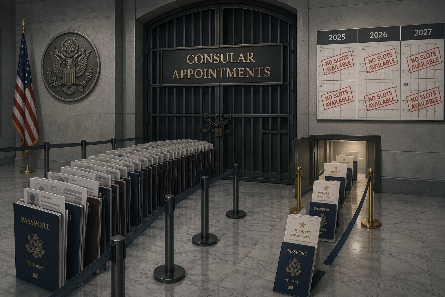 Editorial illustration of a student visa appointment queue backed up behind a closed consular gate with no slots available into 2027