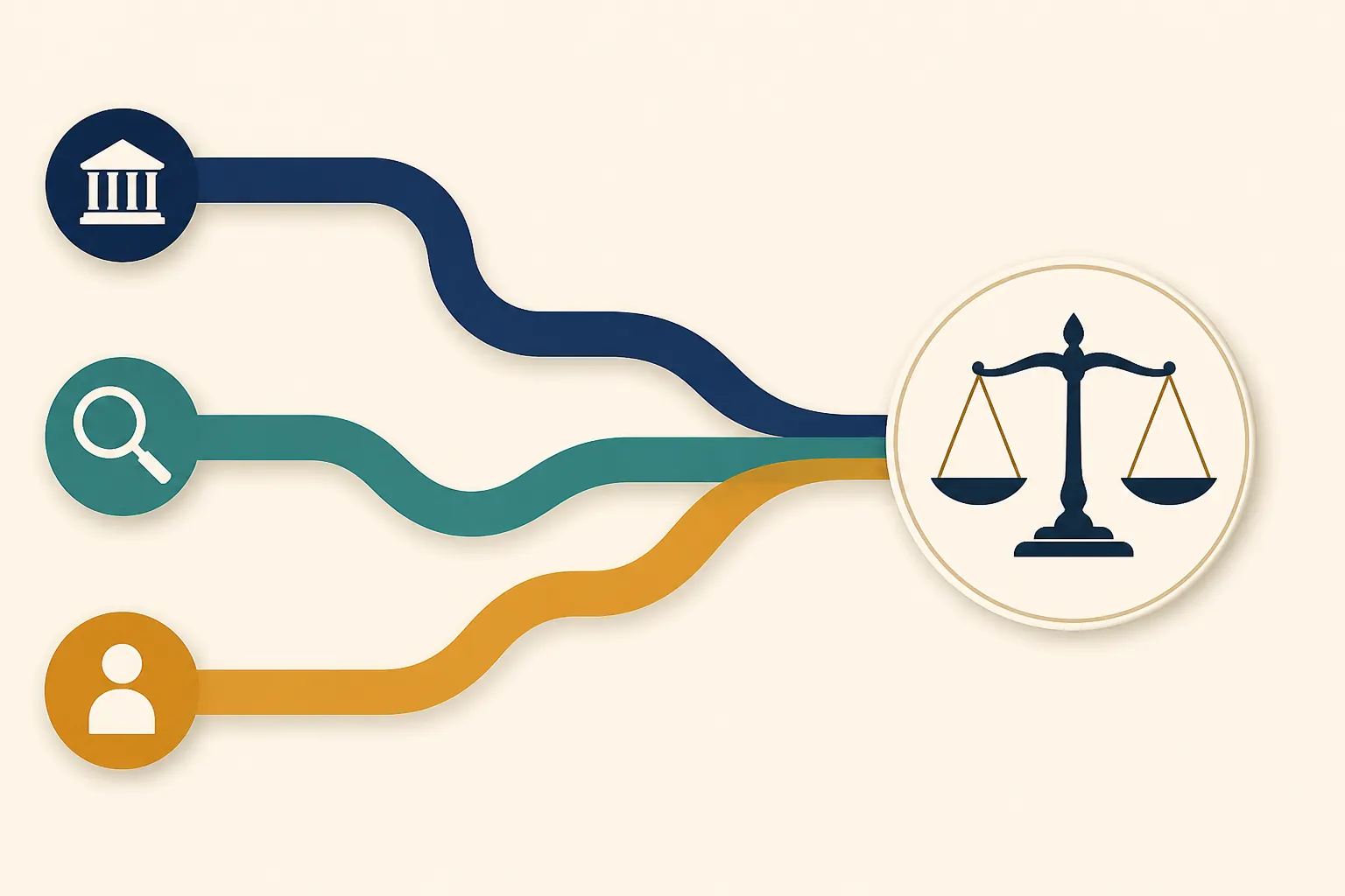 Three reasoning paths converging into one scales of justice symbol