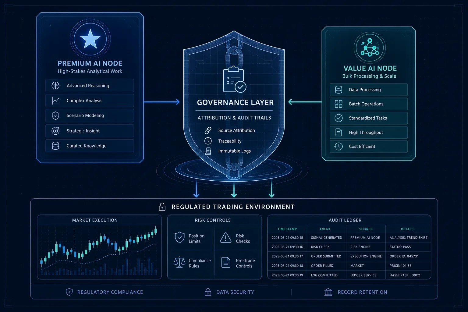 Dual-model architecture with premium and value AI nodes feeding into an attribution and audit-trail shield