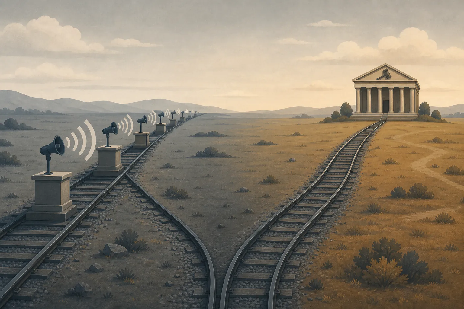 Two railway tracks diverging between announced immigration policy and enforceable law