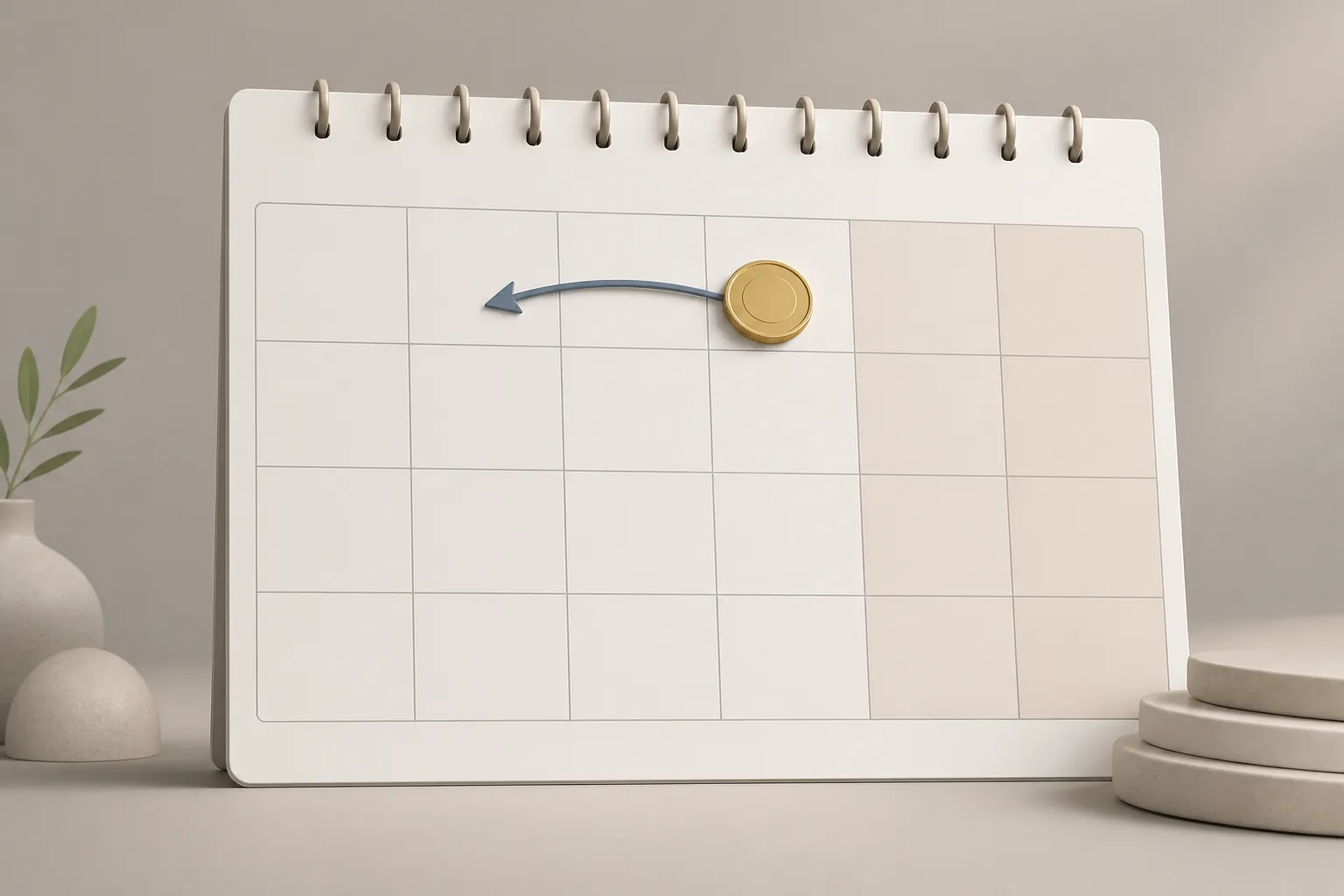 Calendar grid showing a payment coin moving left from an early-month date to the preceding weekday