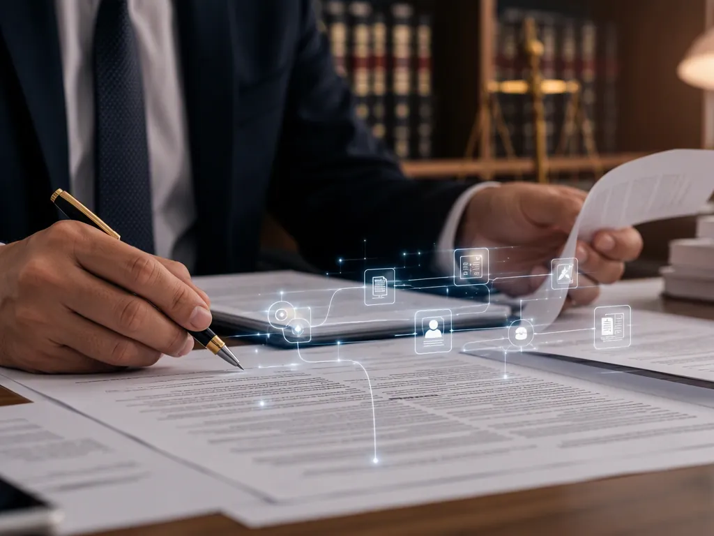 Lawyer reviewing printed legal documents with a subtle digital workflow interface