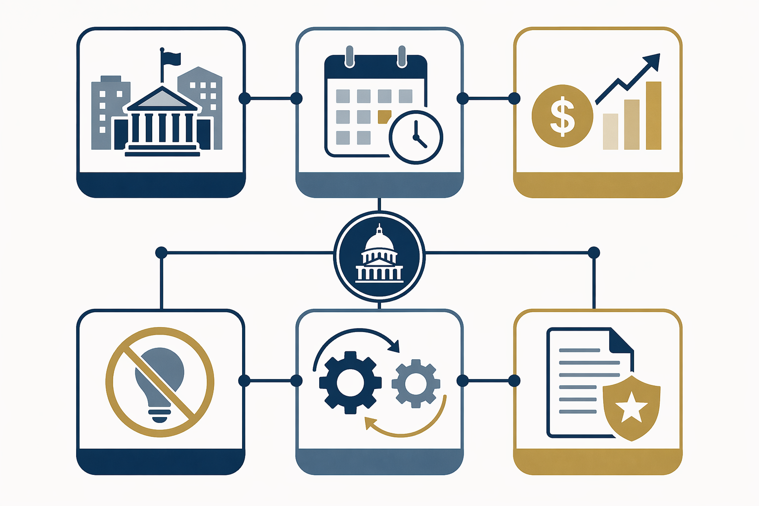 Infographic showing six components of a continuing resolution: coverage, duration, rate of operations, new activities, anomalies, and legislative provisions
