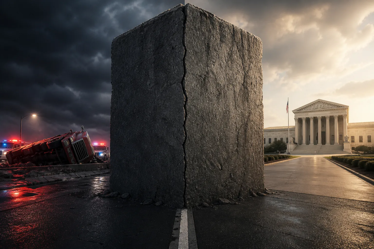 A stone barrier with a hairline crack blocks the road between an overturned semi-truck and a courthouse