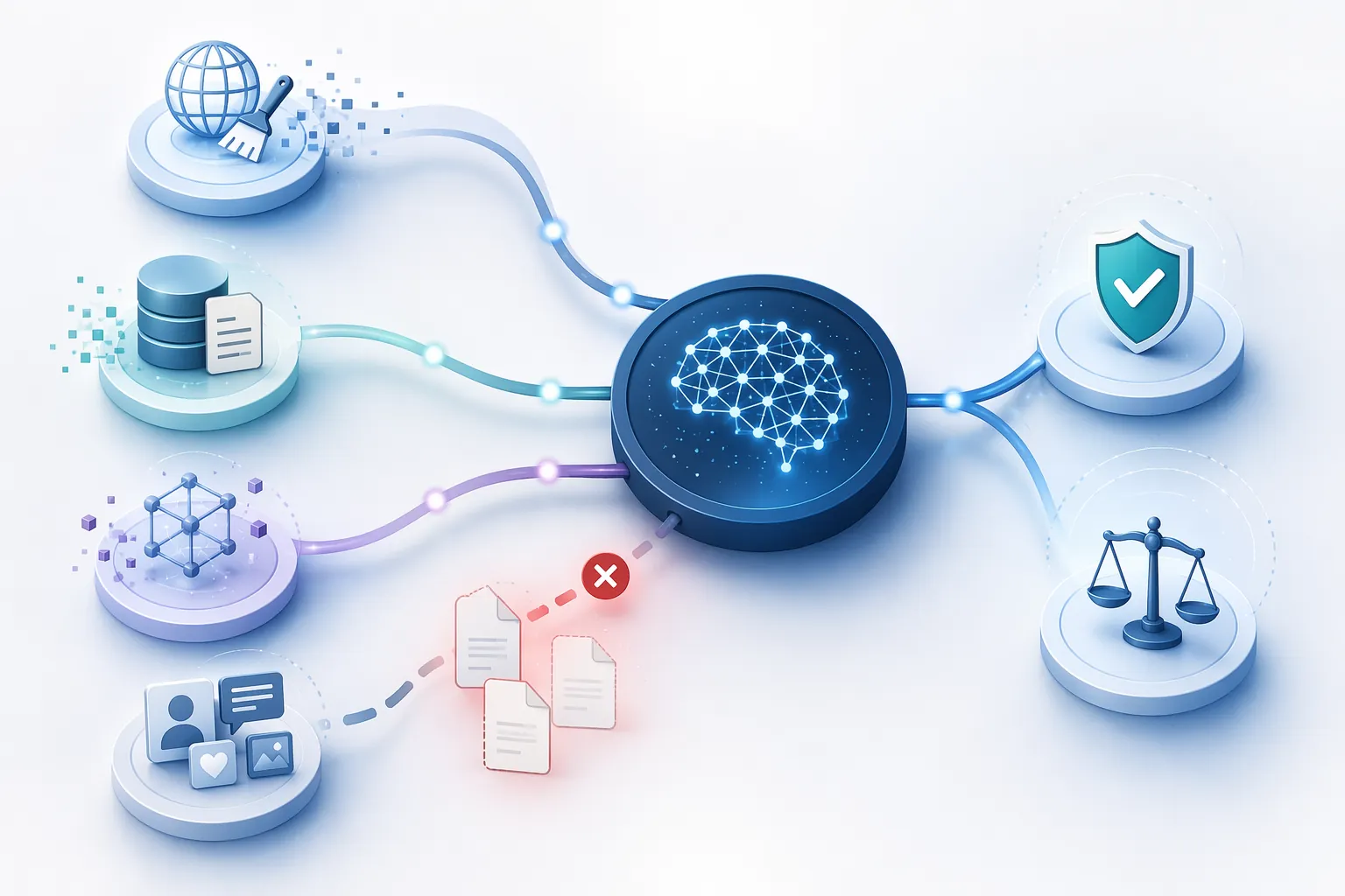 Broken data rights chain connecting data sources to a central AI model