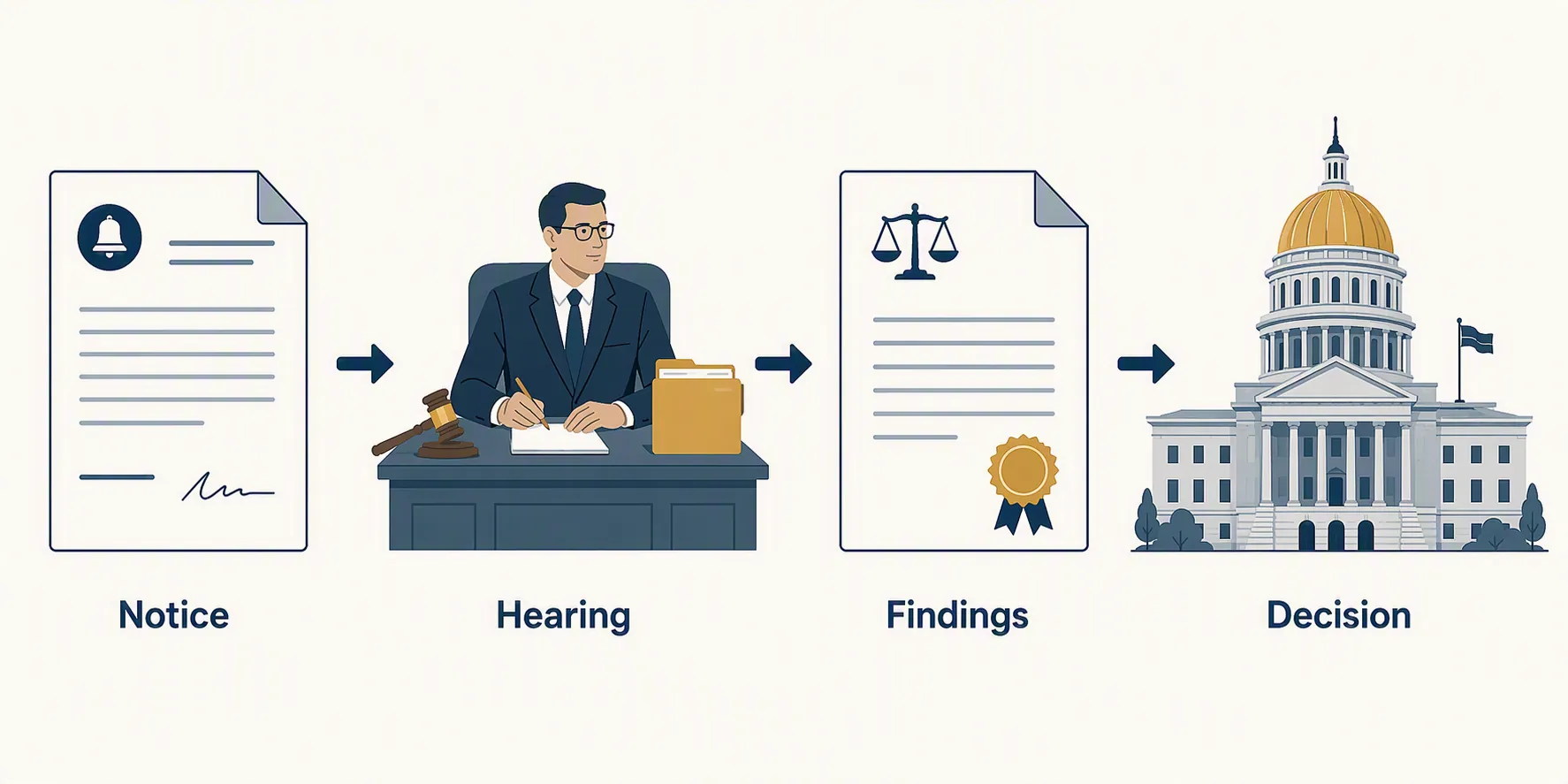 Four-step state permit process from notice to hearing, findings, and decision