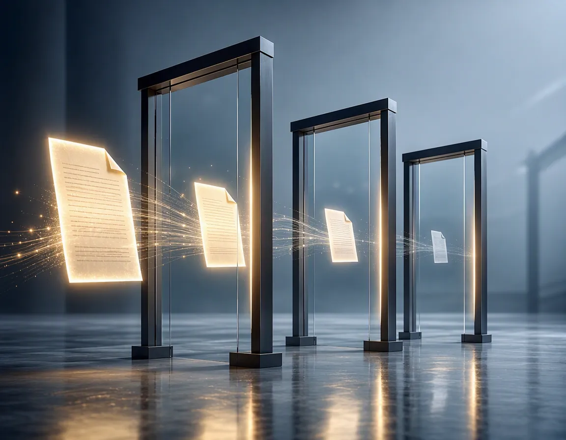 Three dark gate frames with a glowing document becoming smaller as it passes through each gate, illustrating court rulings narrowing evidence