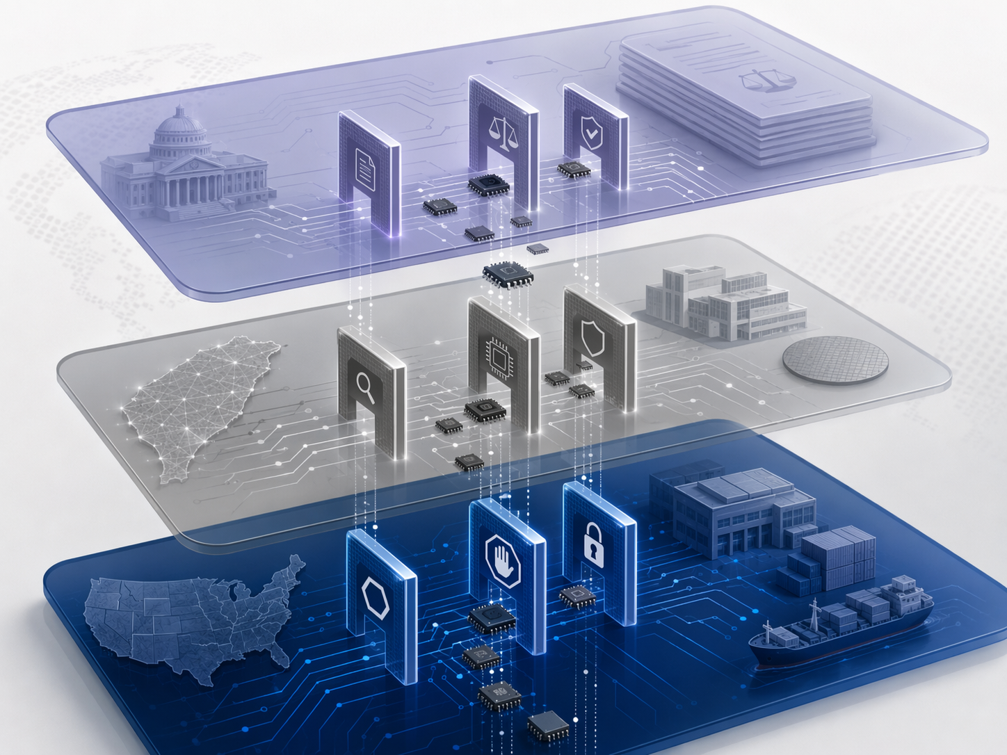 Overlapping regulatory zones with chip symbols passing through compliance checkpoints