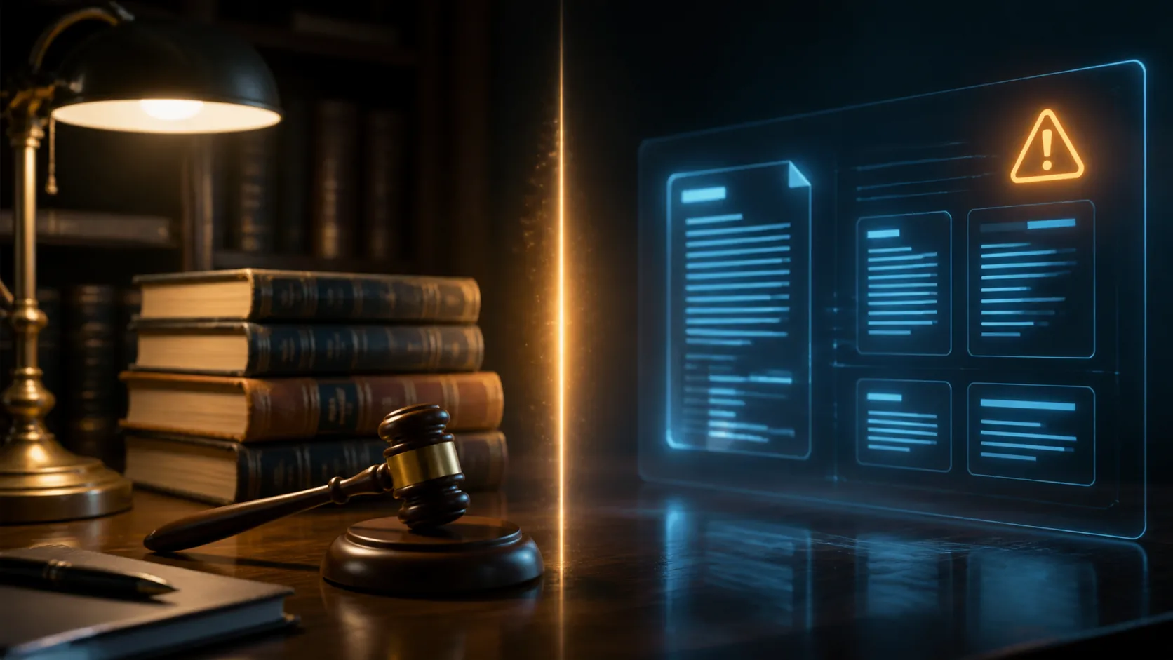 Classic legal research materials beside a glowing AI research interface with a caution glow