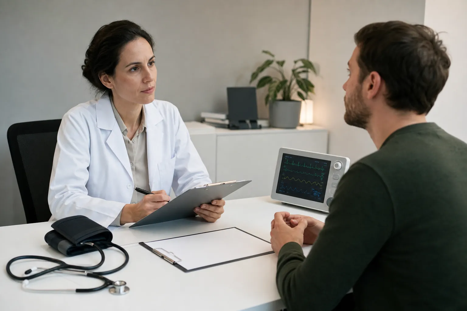 Medical screening consultation with intake forms, blood pressure cuff, stethoscope, and vital signs monitor