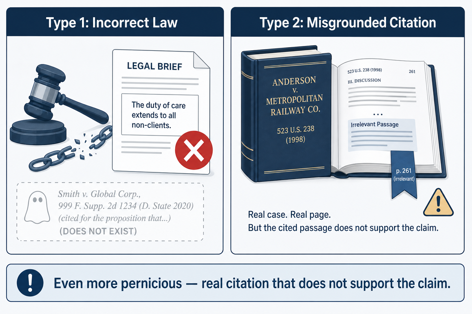 Split editorial diagram comparing two hallucination types: Type 1 Incorrect Law and Type 2 Misgrounded Citation, with warning and X mark icons.
