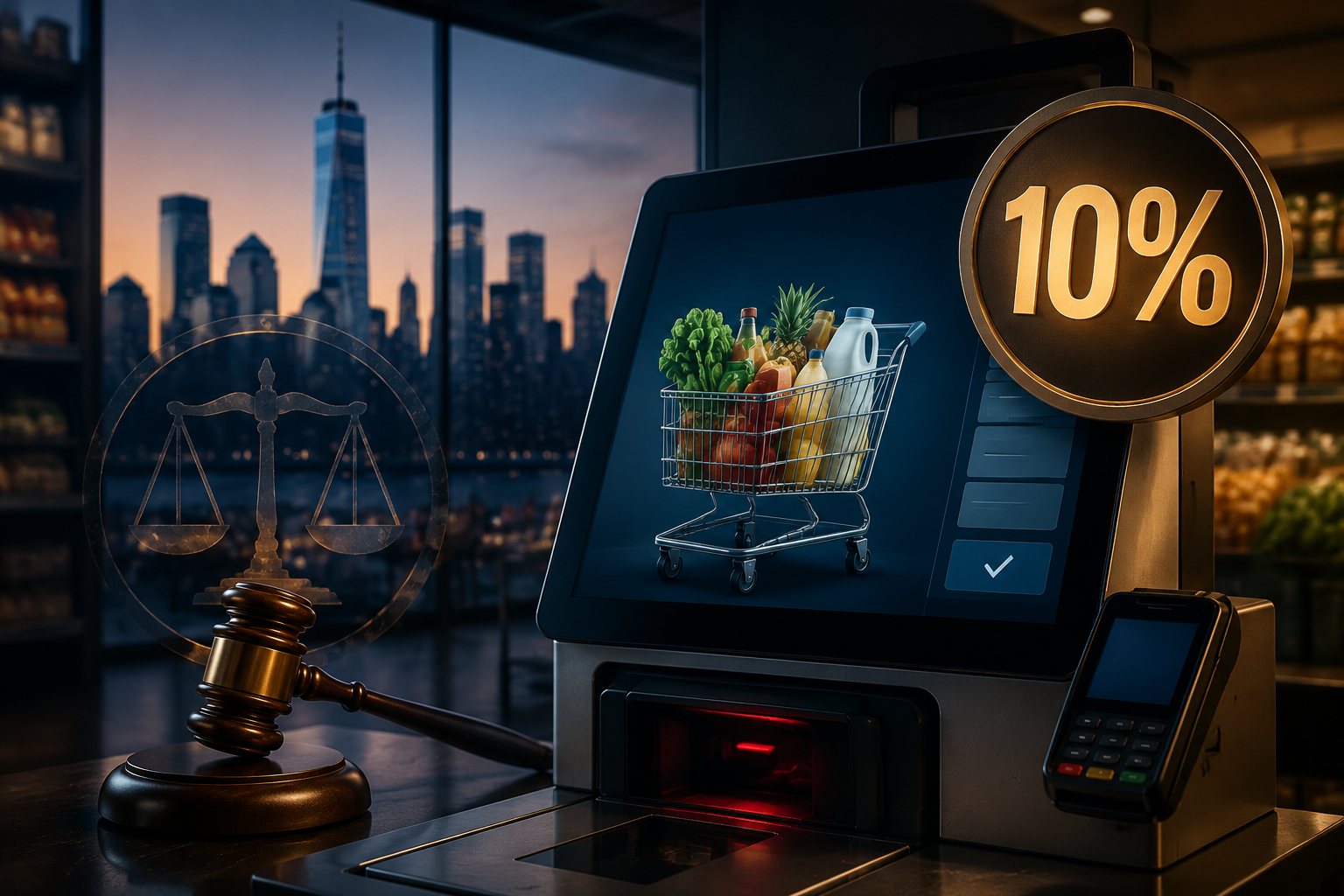 Self-checkout kiosk with grocery cart, 10 percent discount badge, gavel symbol, and New York skyline