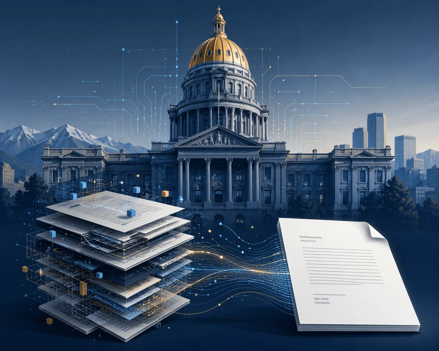 Colorado state capitol with digital circuit patterns and a legal document changing from complex to streamlined