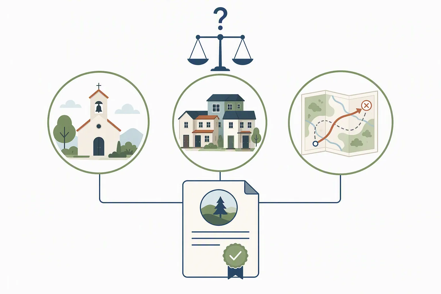 Diagram of three pending complaint issues: Chapel Hill visual landmark, density bonus limits, and rejected EIR alternative