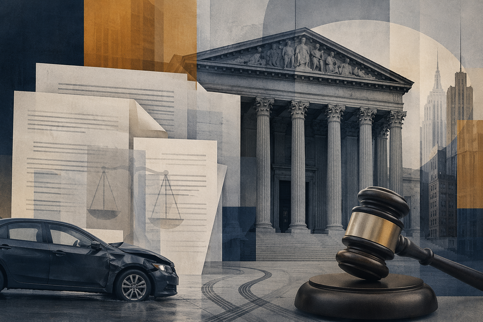 A courthouse facade with legal papers, a gavel, and subtle car accident details.