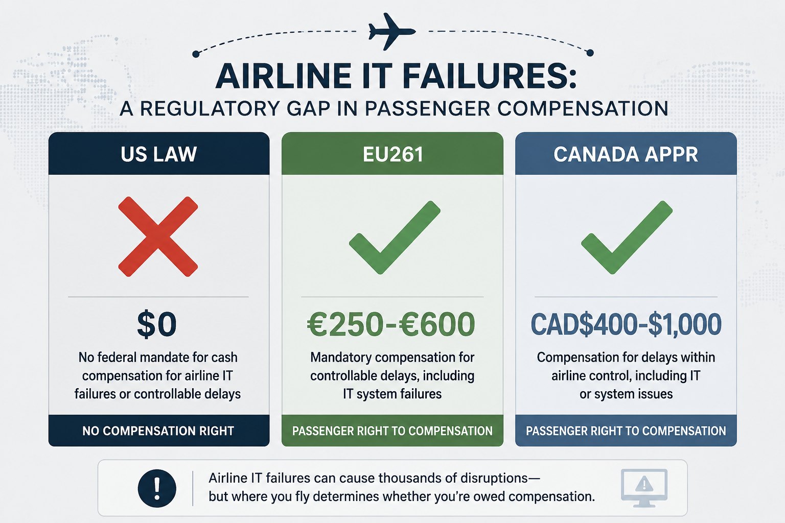 Comparison chart showing no US cash compensation, EU261 compensation of 250 to 600 euros, and Canada APPR compensation of 400 to 1000 Canadian dollars