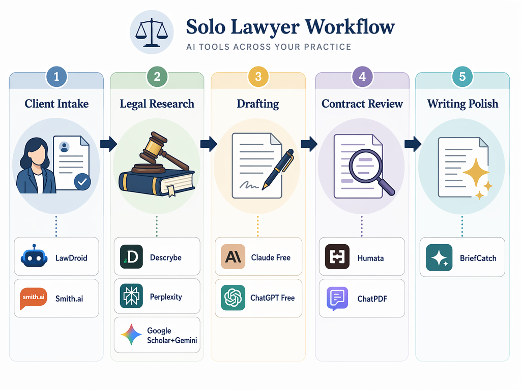 A workflow map illustration with five labeled horizontal columns — Client Intake, Legal Research, Drafting, Contract Review, Writing Polish — each containing small tool cards listing LawDroid/Smith.ai, Descrybe/Perplexity/Google Scholar+Gemini, Claude Free/ChatGPT Free, Humata/ChatPDF, and BriefCatch respectively, flowing left to right across the composition.
