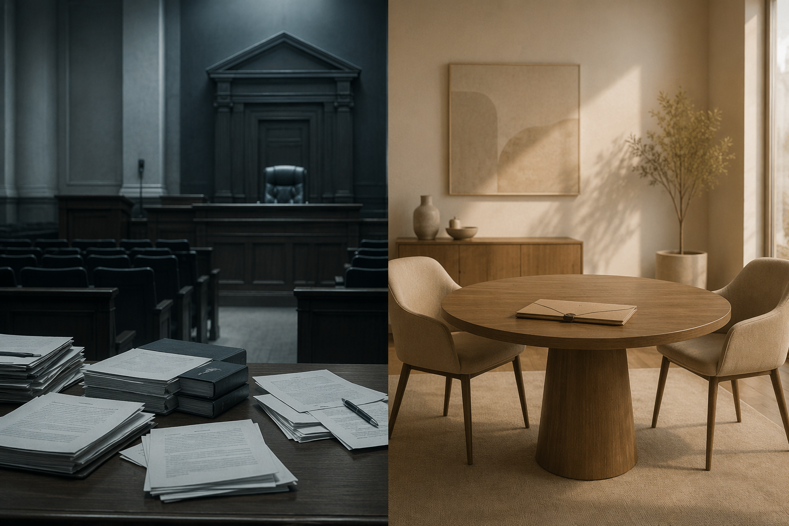 Editorial contrast between an empty courtroom and a private mediation room with a sealed document folder